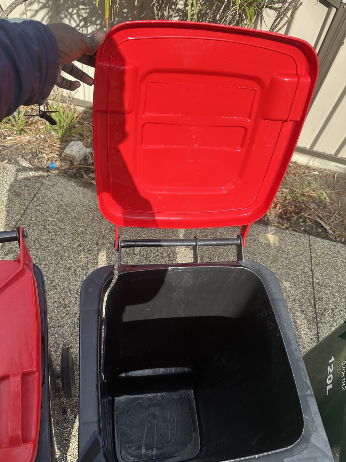 Clean inside and underside of a red general waste bin lid